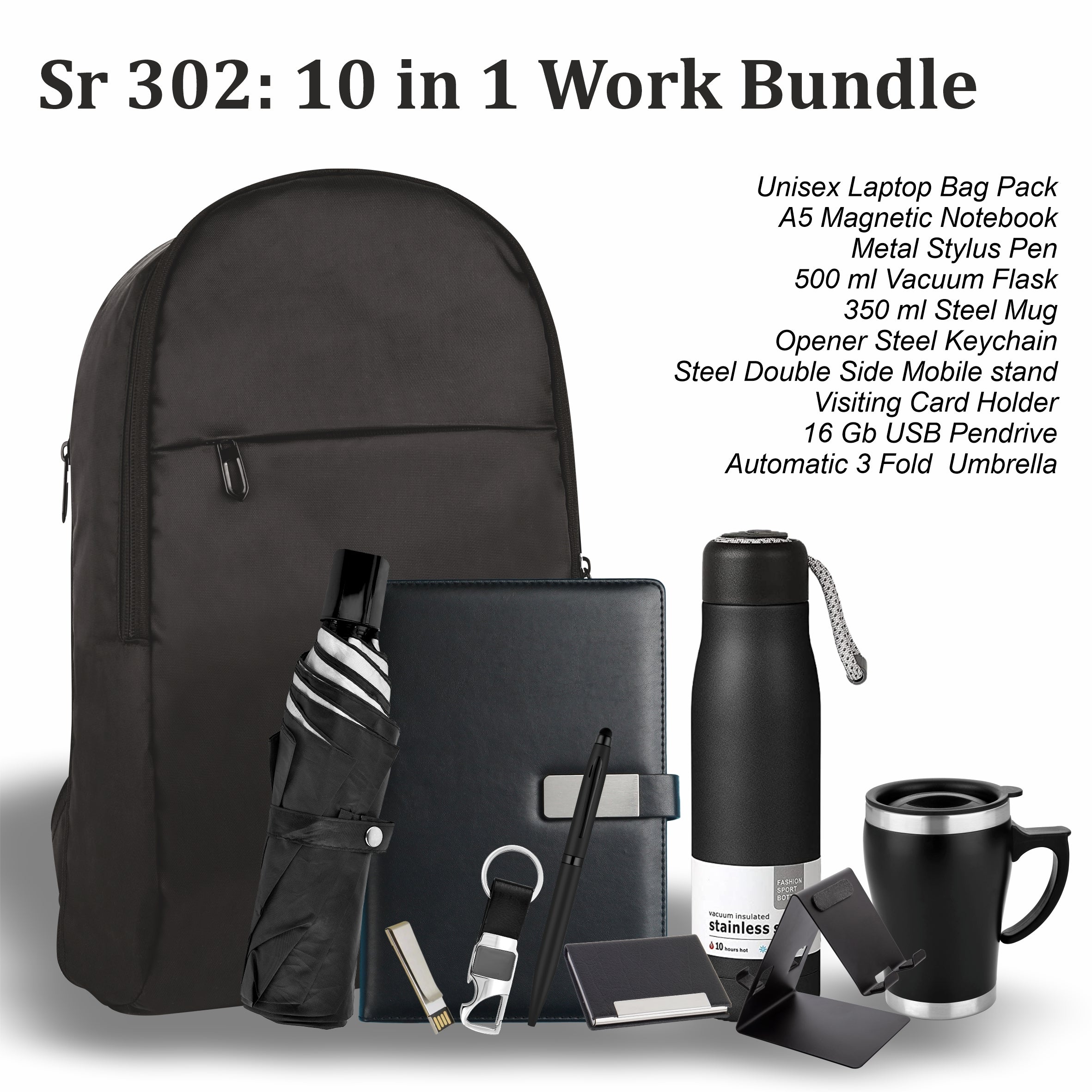 10 IN 1 WORK BUNDLE DIARY,PEN, BOTTLE,MUG,BAG,PENDRIVE,KEYCHAIN,CARDHOLDER,MOBILESTAND,UMBRELLA