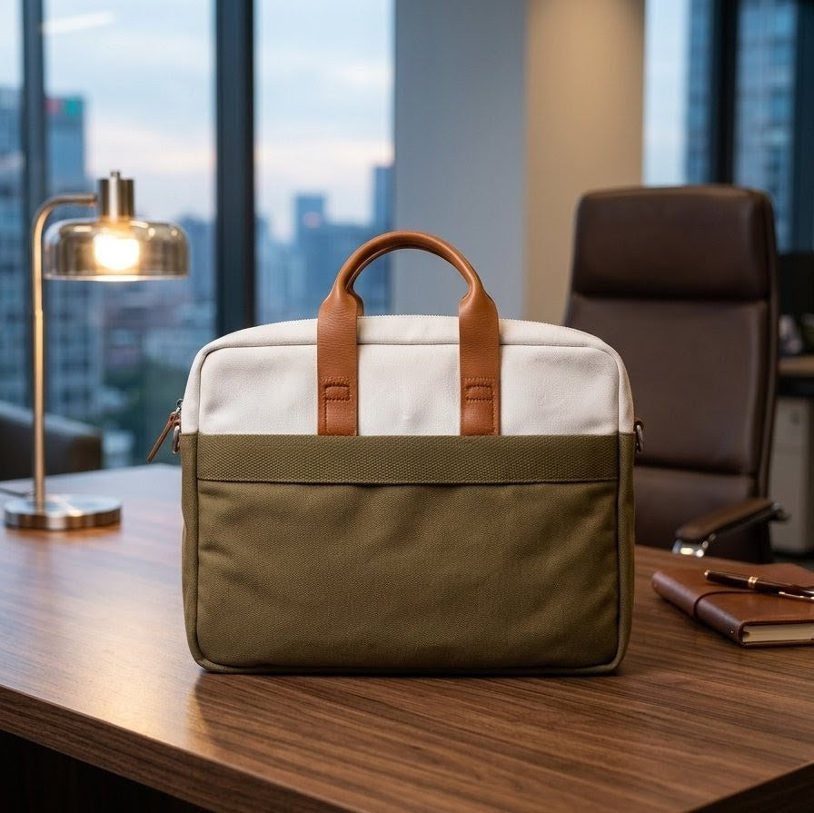 Premium Canvas laptop Bag,Olive Green & Off-White Dual-Tone