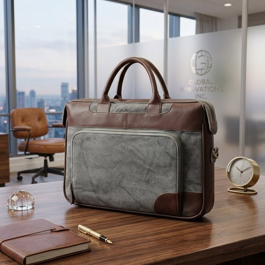 Suede & Leather Dual-Tone  laptop Bag,Ash Grey & Dark Brown Dual-Tone