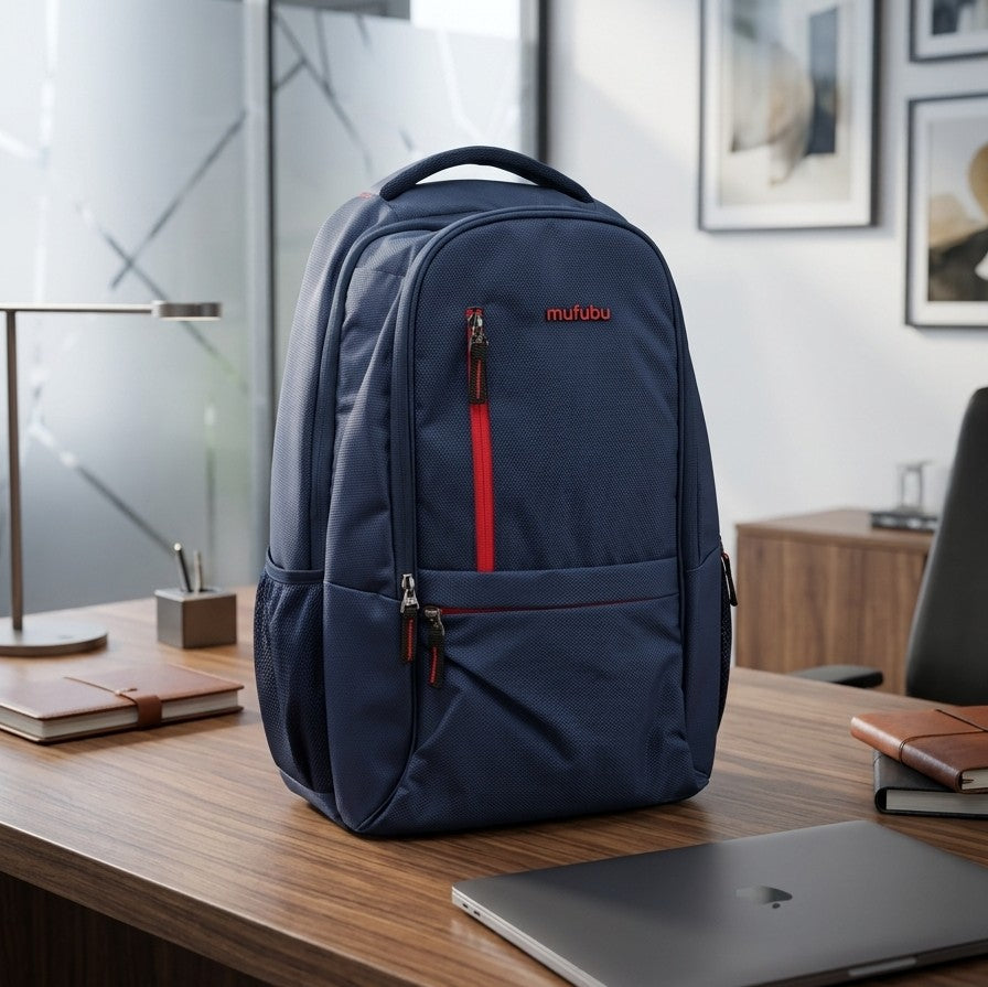 Sleek Professional Backpack,Deep Navy Blue with Vibrant Red Zip Accent