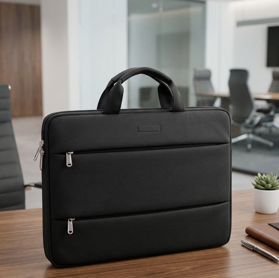 Black fabric laptop bag with handles & dual zippers