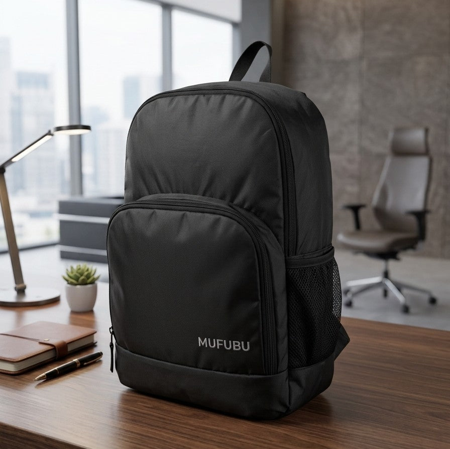 Mufubu Sleek Executive Office Backpack,Jet Black with White Branding