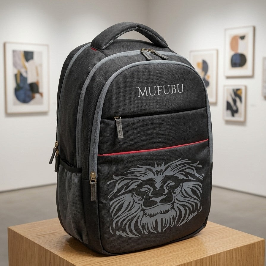 Mufubu Lion Graphic Signature Edition Backpack, Dark Grey with Silver Graphic