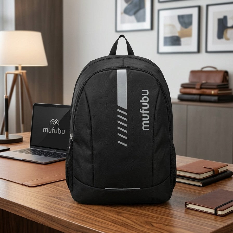 Modern Stripe Backpack,Stealth Black with Metallic Silver Stripe