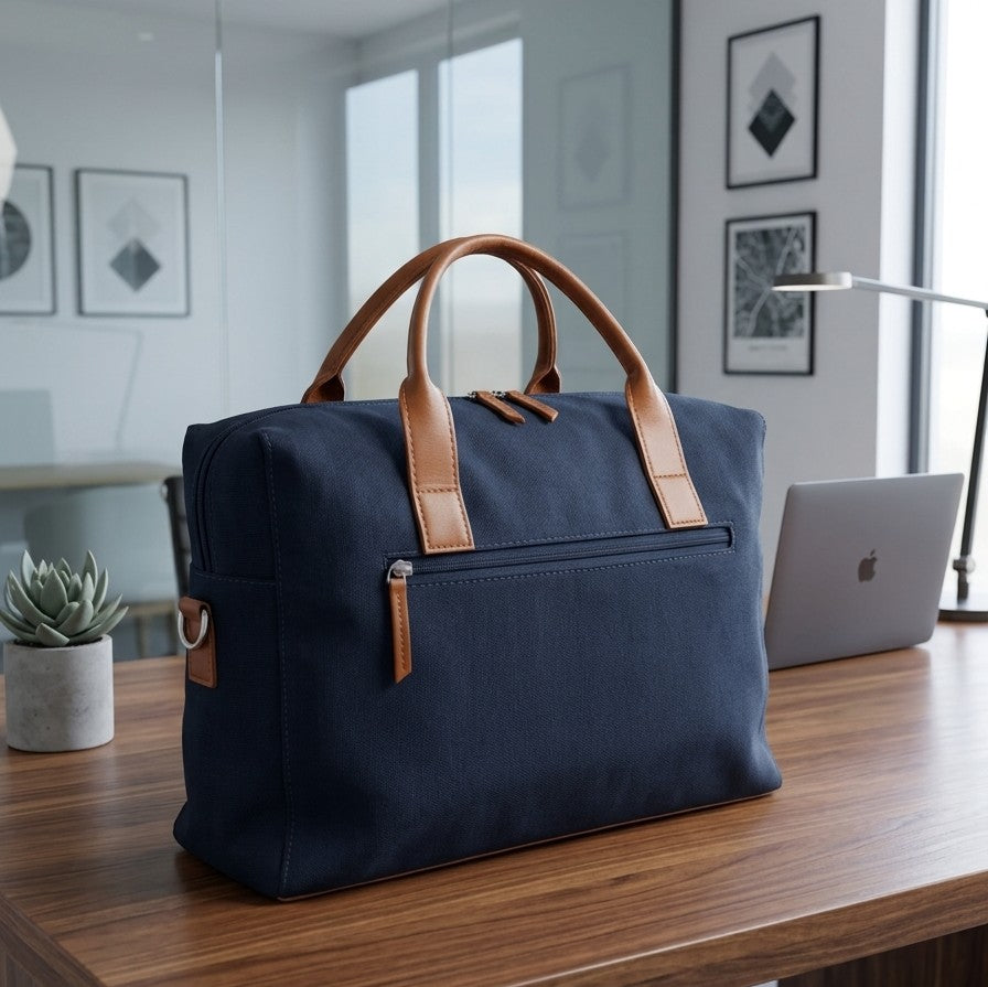 Navy Blue Canvas laptop bag,Navy Blue with Tan Accents
