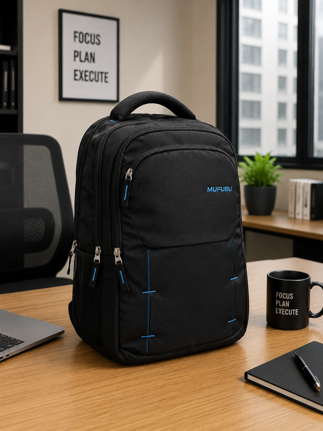 Essential Office Backpack,
Black with Blue Stitch