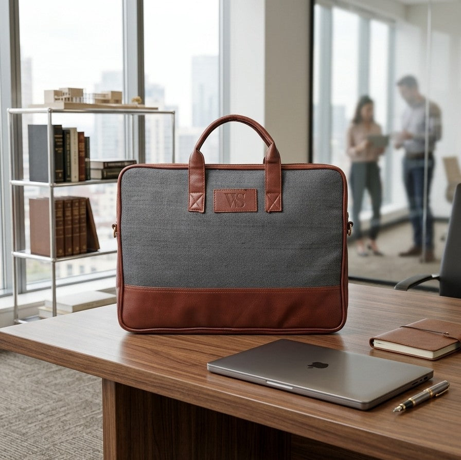 Dual-Tone Textured Slim laptop bag,Denim Grey & Tan Brown