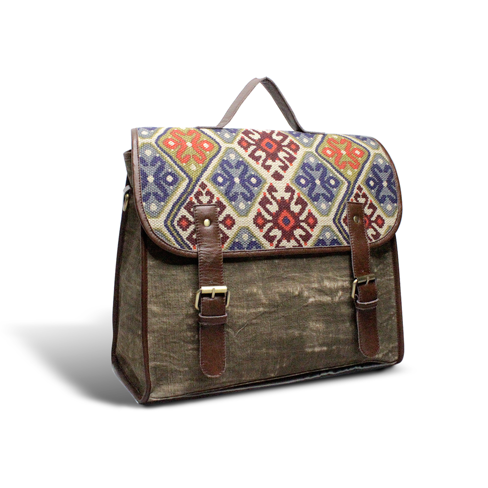 Vintage Fabric & Leather - Front Buckles Hand Bag