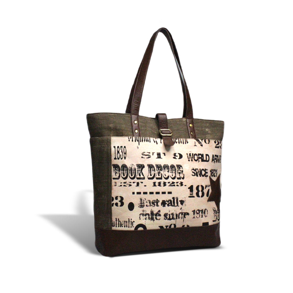 Vintage Retro Print brown canvas handbag (Star)