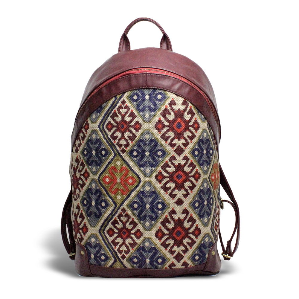 Vintage Fabric & Leather Backpack - Cherry Red