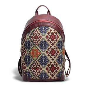 Vintage Fabric & Leather Backpack - Cherry Red