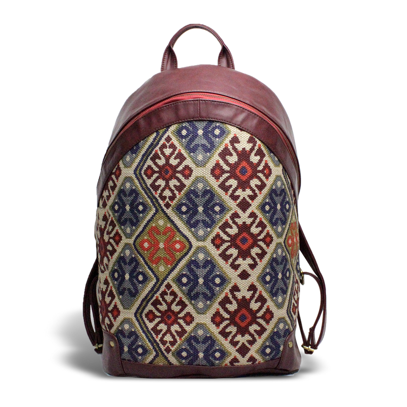 Vintage Fabric & Leather Backpack - Cherry Red