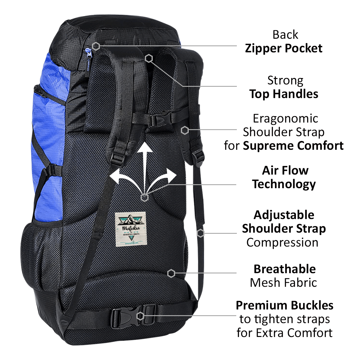 Fearless 60 LTR Rucksack - Black + Blue