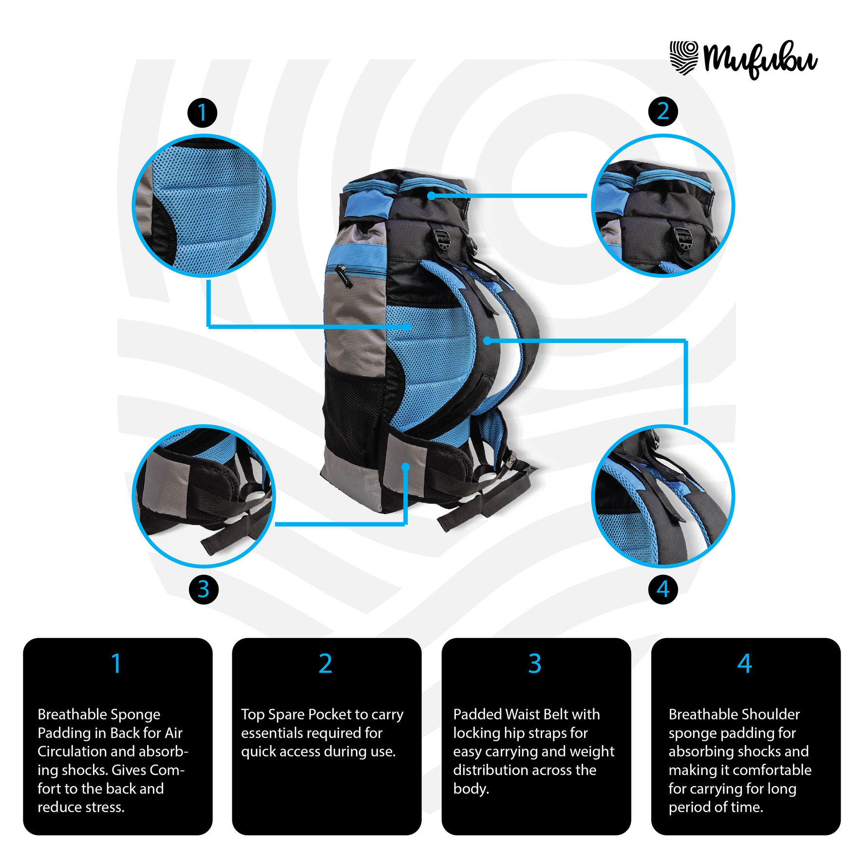 Climber 45+5 Ltr Rucksack with Rain Cover - Black/Blue